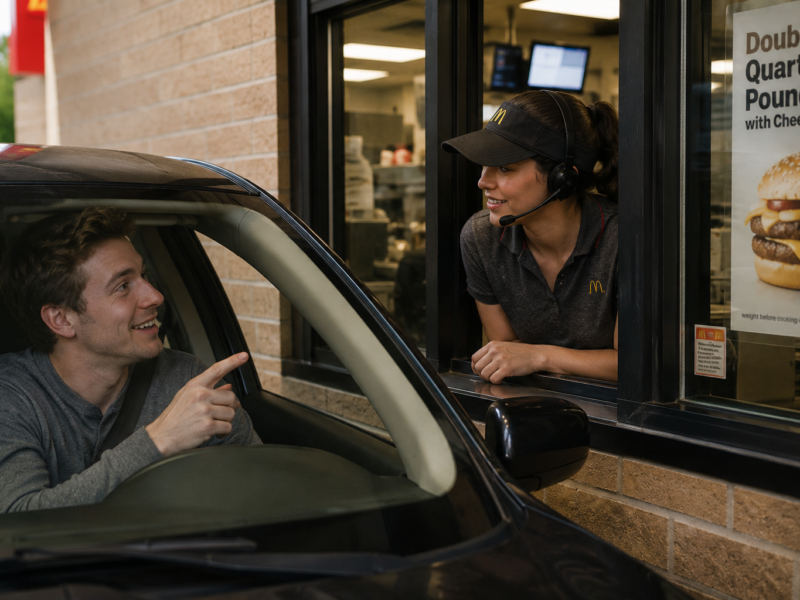 A smiling drive thru customer talking to a McDonalds worker at the window