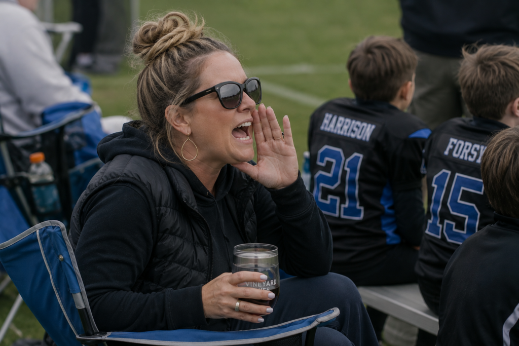 A woman with sunglasses and a drink yelling from the sideline at a youth football game