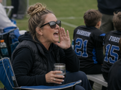 A woman with sunglasses and a drink yelling from the sideline at a youth football game