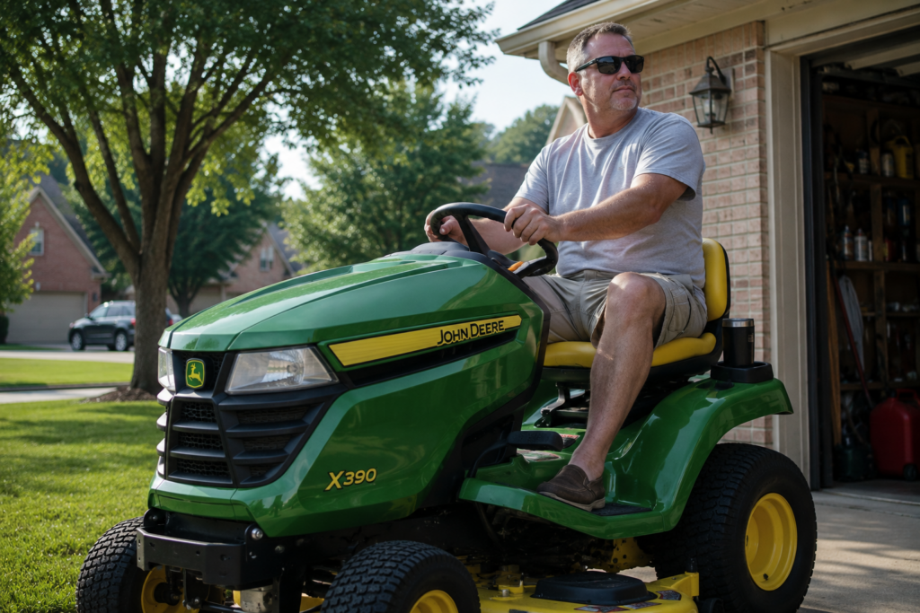 A suburban dad sitting on a green John Deere riding mower in his driveway