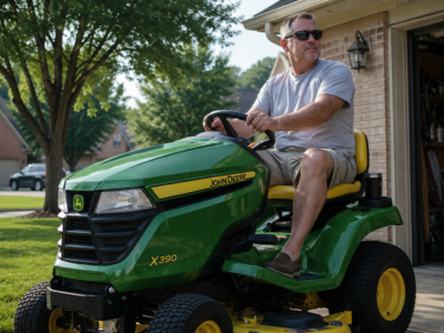 A suburban dad sitting on a green John Deere riding mower in his driveway
