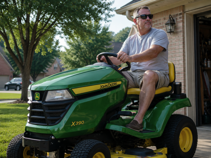 A suburban dad sitting on a green John Deere riding mower in his driveway
