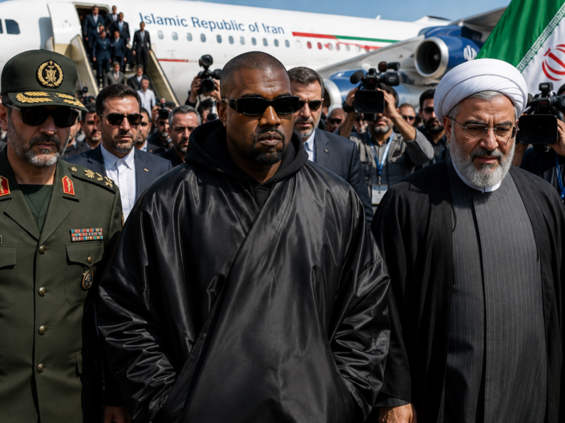 Kanye West walking from a plane in Iran while officials and cameras surround him