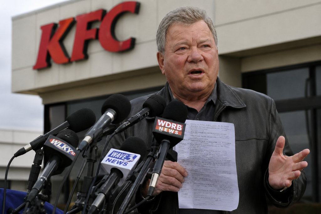 William Shatner speaking at microphones outside a KFC while holding a handwritten recipe page