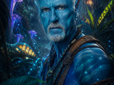 Satirical image of James Cameron treating a tiny drop of water like a full film set.