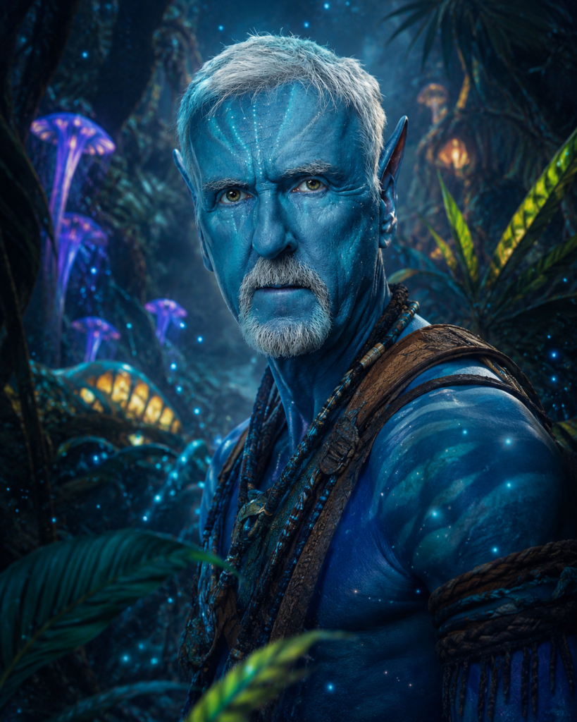 Satirical image of James Cameron treating a tiny drop of water like a full film set.