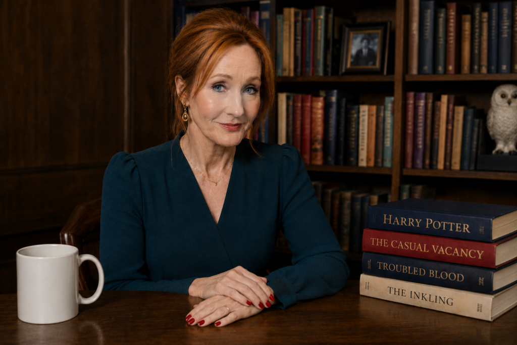 Satirical image of J.K. Rowling with a clipboard outside a public building.