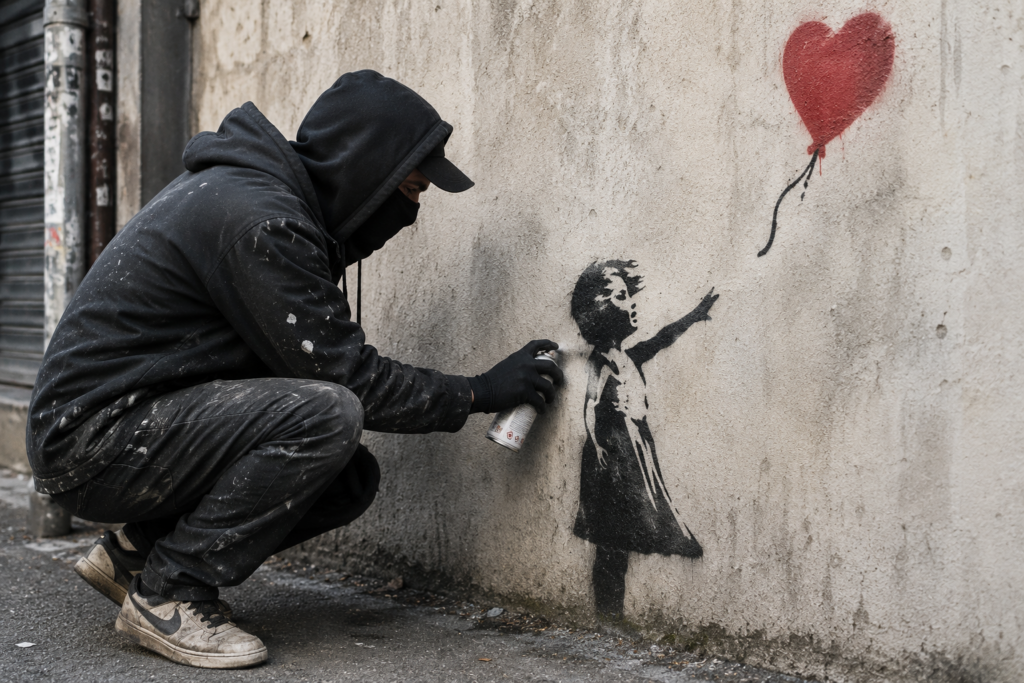 Satirical image of a Banksy-style artwork being treated like a luxury auction asset.