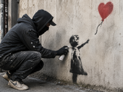 Satirical image of a Banksy-style artwork being treated like a luxury auction asset.