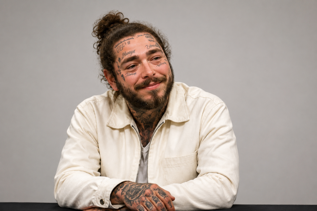 Satirical image of Post Malone preparing a Pre Malone rebrand on a porch.