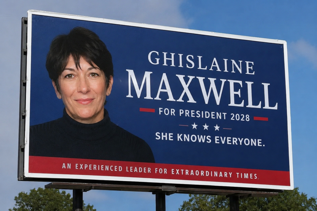 Satirical political campaign-style image for a fictional Ghislaine Maxwell 2028 draft movement.