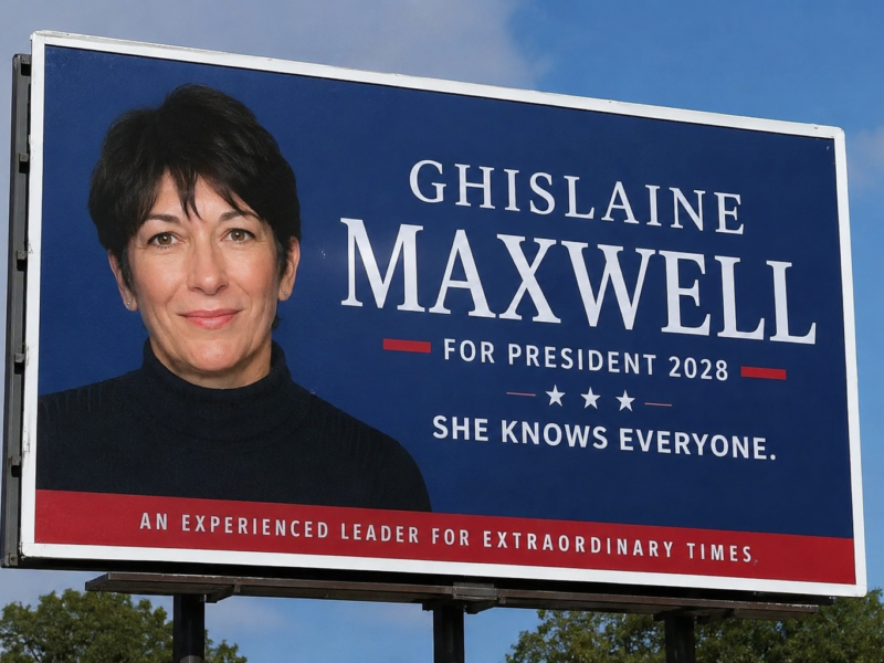 Satirical political campaign-style image for a fictional Ghislaine Maxwell 2028 draft movement.