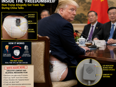 Satirical image of Donald Trump at a tense trade meeting with staff denying a strange rumor.