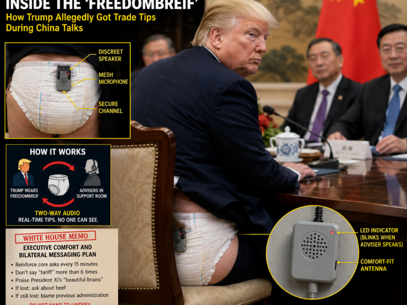 Satirical image of Donald Trump at a tense trade meeting with staff denying a strange rumor.