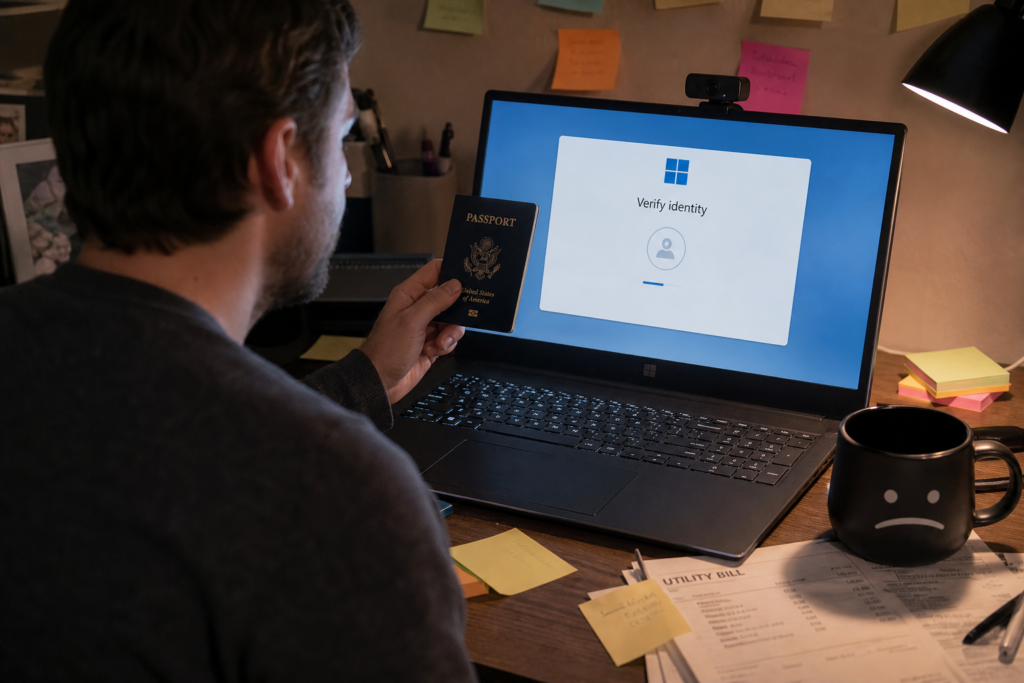 A tired Windows user holds a passport up to a laptop webcam while an identity verification screen is open.