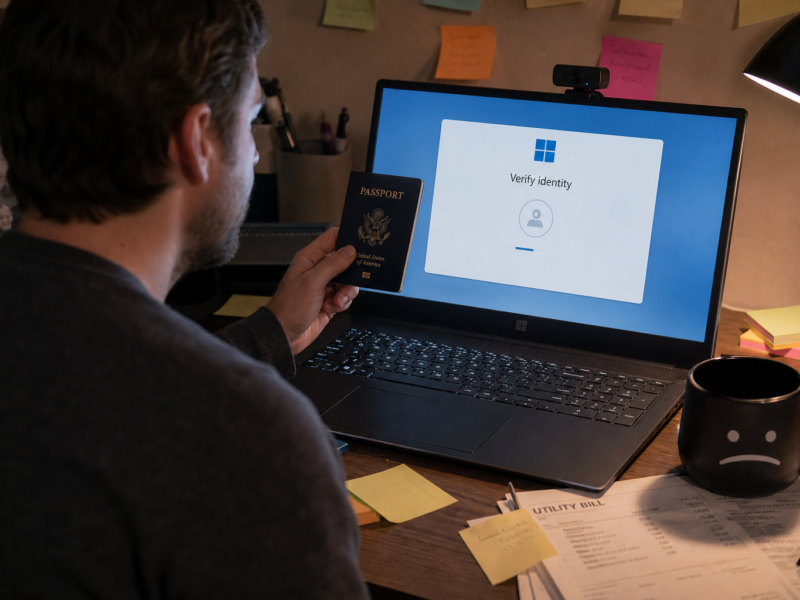 A tired Windows user holds a passport up to a laptop webcam while an identity verification screen is open.