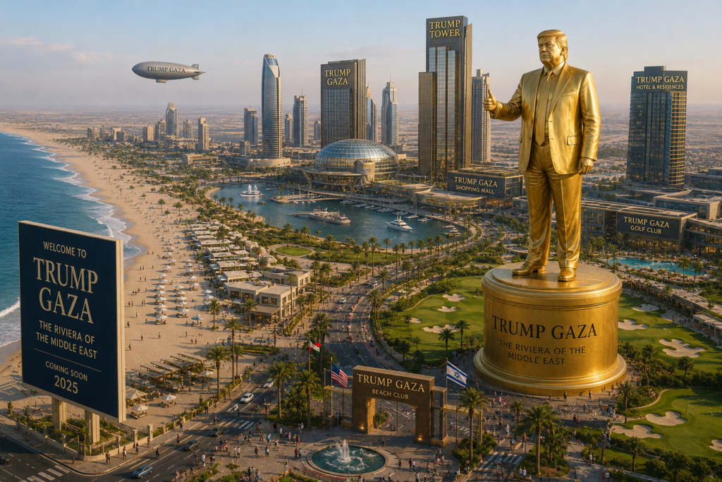 Satirical image of a luxury coastal redevelopment plan presented over a devastated Gaza map.