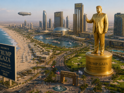 Satirical image of a luxury coastal redevelopment plan presented over a devastated Gaza map.