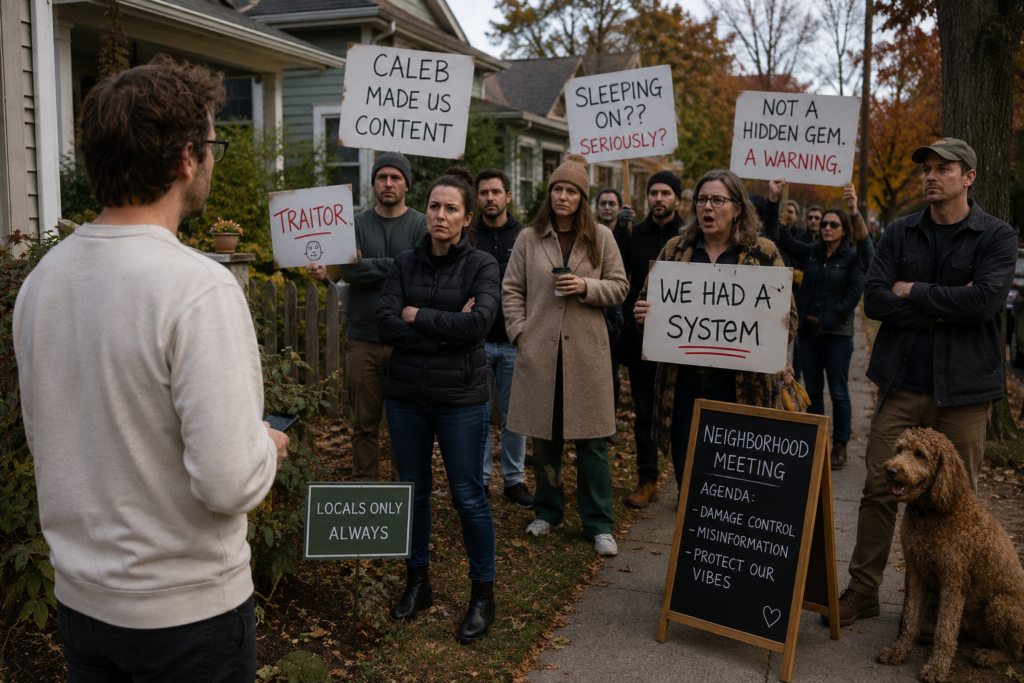 Satirical image of a local neighborhood turning on a man after he posts about a hidden gem online.
