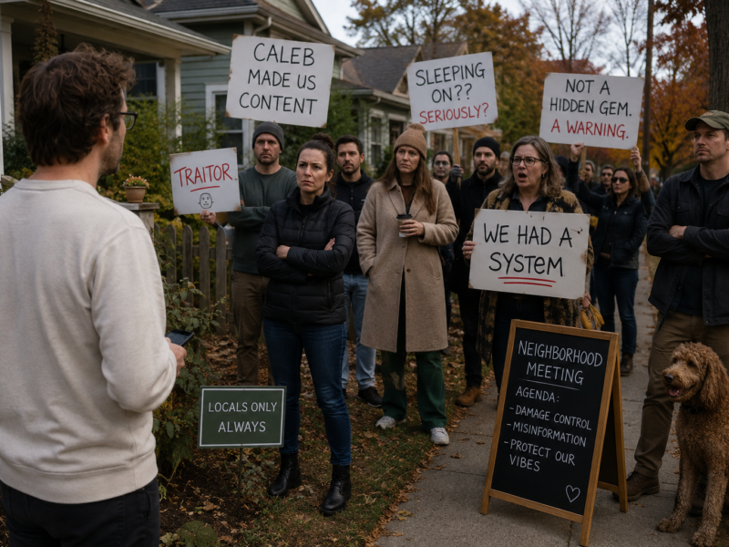 Satirical image of a local neighborhood turning on a man after he posts about a hidden gem online.