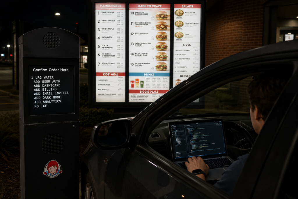 Satirical image of a developer using a Wendy’s drive-thru AI speaker to build a startup.
