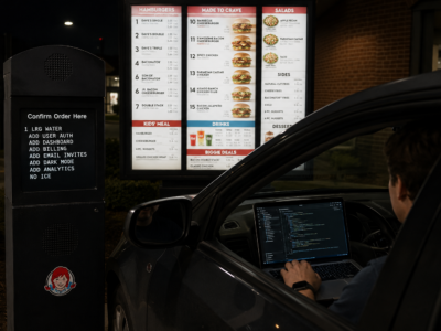 Satirical image of a developer using a Wendy’s drive-thru AI speaker to build a startup.