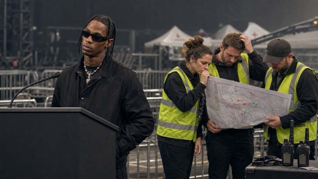 Travis Scott stands at a tense festival-planning press event while nervous staff review barricades and emergency tents behind him.