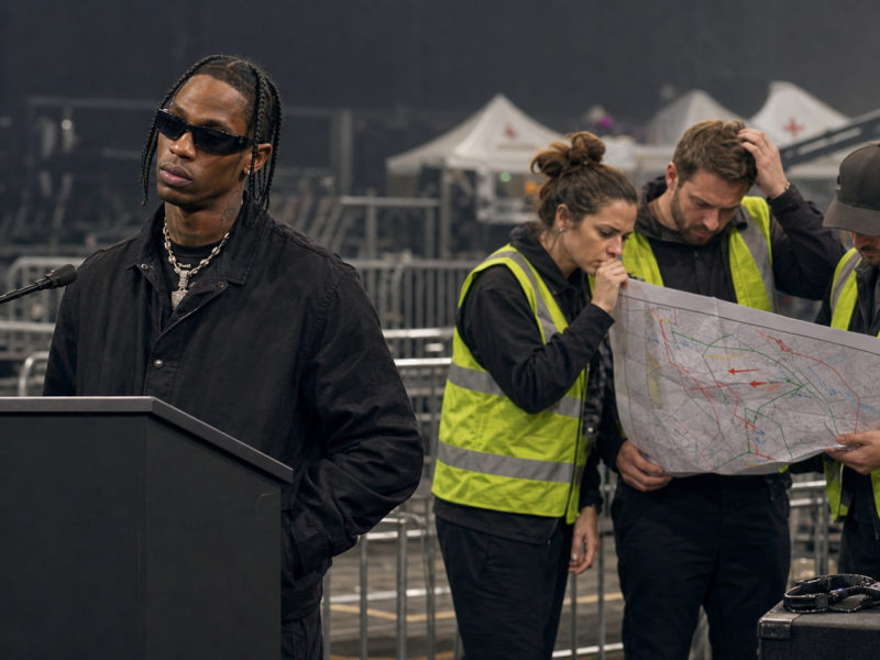 Travis Scott stands at a tense festival-planning press event while nervous staff review barricades and emergency tents behind him.