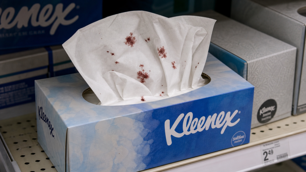A Kleenex tissue box on a store shelf with tissues pulled out and marked by dark red bloodlike stains.
