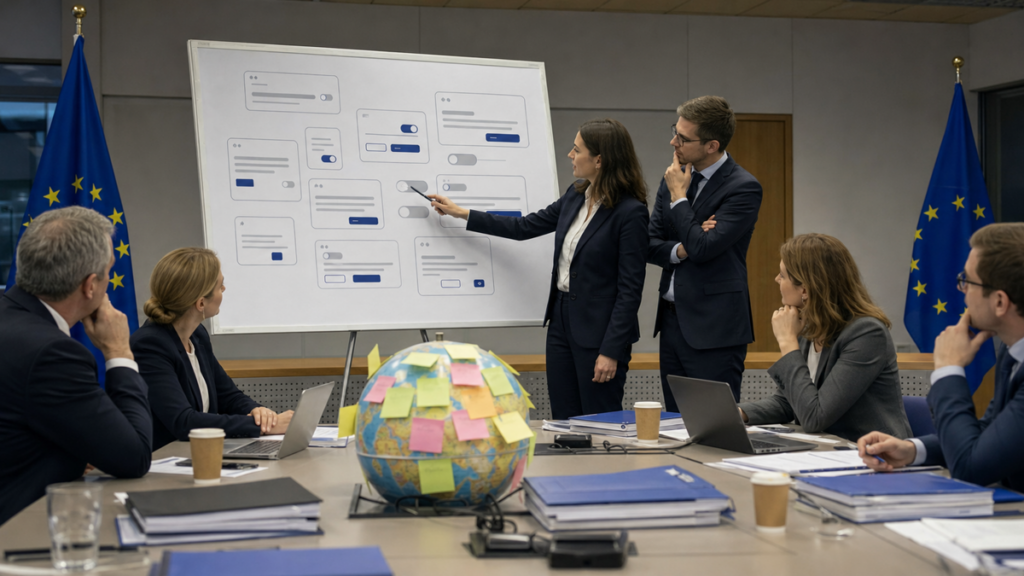 EU-style committee room with officials reviewing oversized cookie consent pop-up mockups while a globe covered in sticky notes sits on the table.