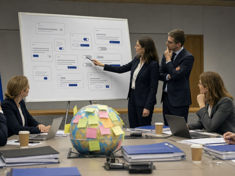 EU-style committee room with officials reviewing oversized cookie consent pop-up mockups while a globe covered in sticky notes sits on the table.