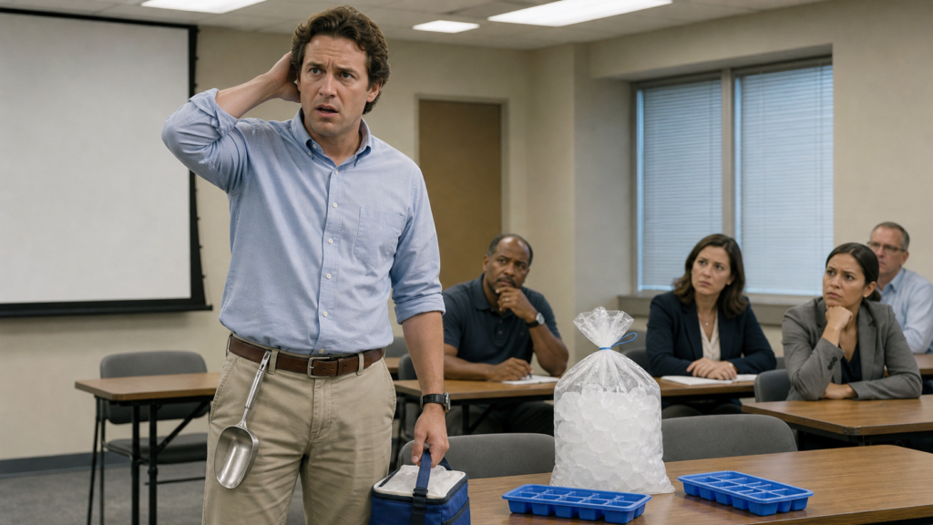 A confused new employee stands in a bland orientation room with a cooler, ice trays, and a bag of ice while other trainees look on.