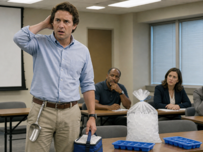 A confused new employee stands in a bland orientation room with a cooler, ice trays, and a bag of ice while other trainees look on.