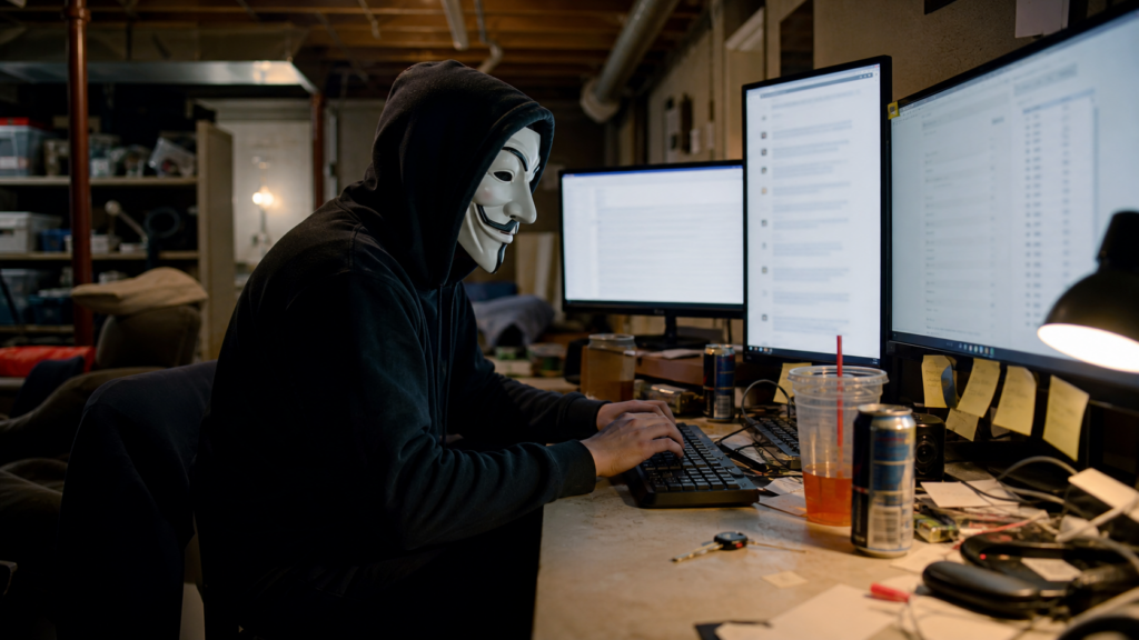 A masked hacktivist at a basement computer desk with blurred browser windows on multiple monitors.