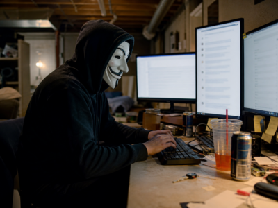 A masked hacktivist at a basement computer desk with blurred browser windows on multiple monitors.