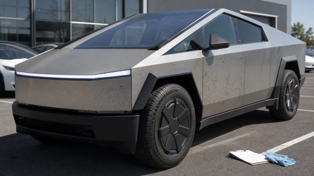A stainless steel Tesla Cybertruck with small orange-brown rust spots parked outside a vehicle delivery center.