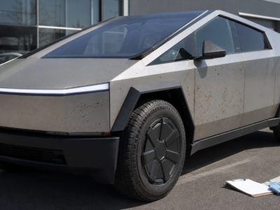 A stainless steel Tesla Cybertruck with small orange-brown rust spots parked outside a vehicle delivery center.