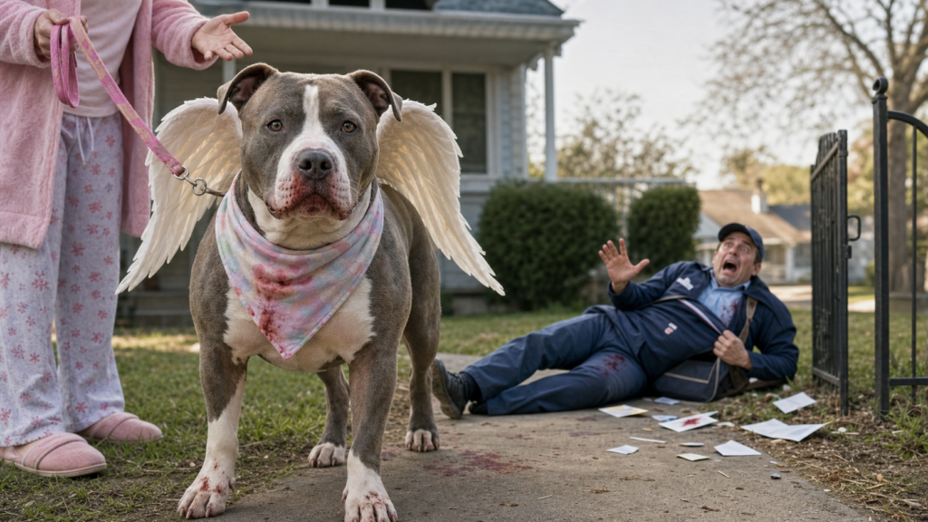 A pit bull-type dog wearing small angel wings sits on a suburban porch while an injured mail carrier lies on the walkway behind it.