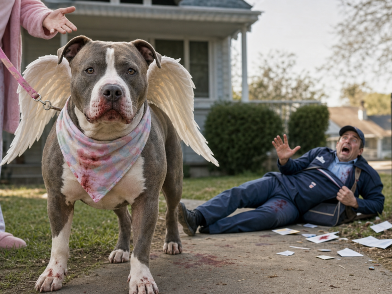 A pit bull-type dog wearing small angel wings sits on a suburban porch while an injured mail carrier lies on the walkway behind it.