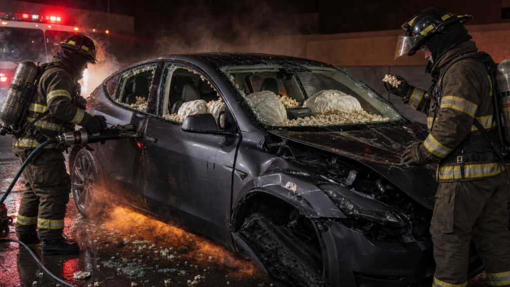 Firefighters stand beside a crashed electric car with closed doors, deployed airbags, smoke, and popcorn scattered through the cabin.