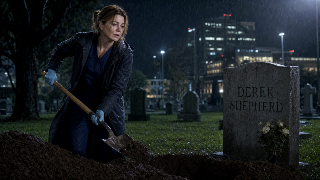 Meredith Grey digs in the rain beside a grave marked Derek Shepherd, with hospital lights visible beyond the cemetery.