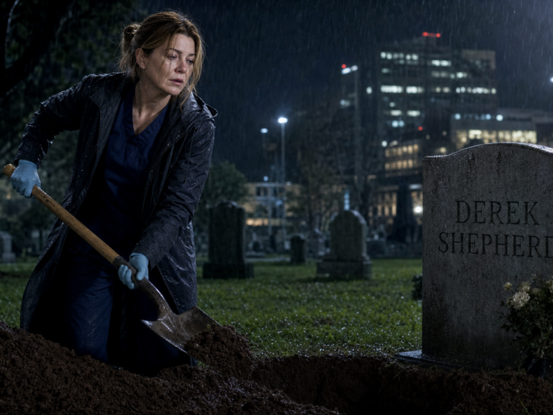 Meredith Grey digs in the rain beside a grave marked Derek Shepherd, with hospital lights visible beyond the cemetery.