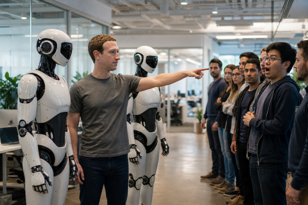 Mark Zuckerberg points from between two humanoid robots toward a line of office employees in a modern tech office.