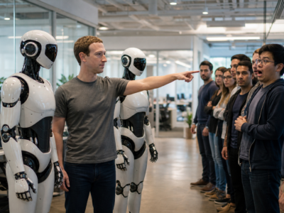 Mark Zuckerberg points from between two humanoid robots toward a line of office employees in a modern tech office.