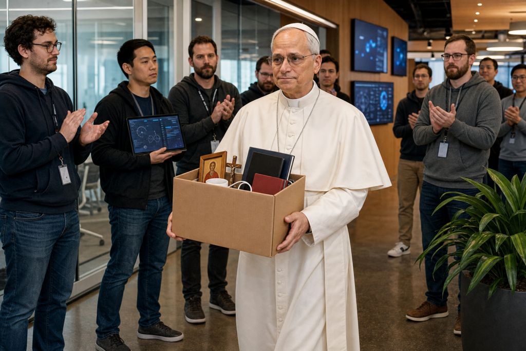 Pope Leo XIV carries a cardboard office box through a modern AI company office while tech employees awkwardly applaud.