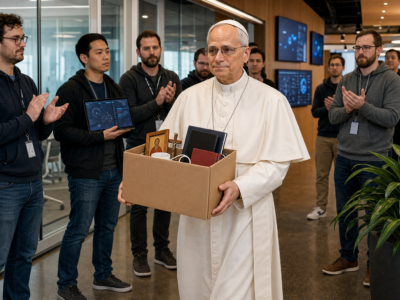 Pope Leo XIV carries a cardboard office box through a modern AI company office while tech employees awkwardly applaud.