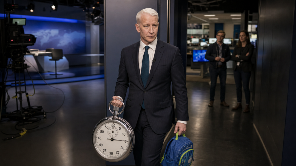 A silver-haired television correspondent resembling Anderson Cooper leaves a broadcast studio carrying a stopwatch and child’s backpack.