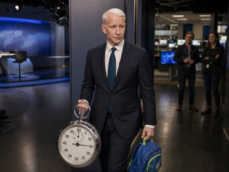 A silver-haired television correspondent resembling Anderson Cooper leaves a broadcast studio carrying a stopwatch and child’s backpack.
