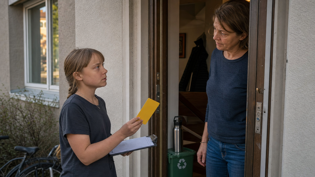 Greta Thunberg stands in a Swedish apartment doorway with a clipboard and yellow card while a resident looks uncomfortable beside a small recycling bin.