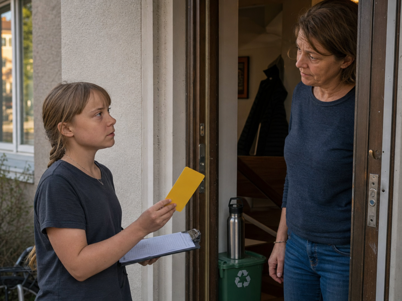 Greta Thunberg stands in a Swedish apartment doorway with a clipboard and yellow card while a resident looks uncomfortable beside a small recycling bin.